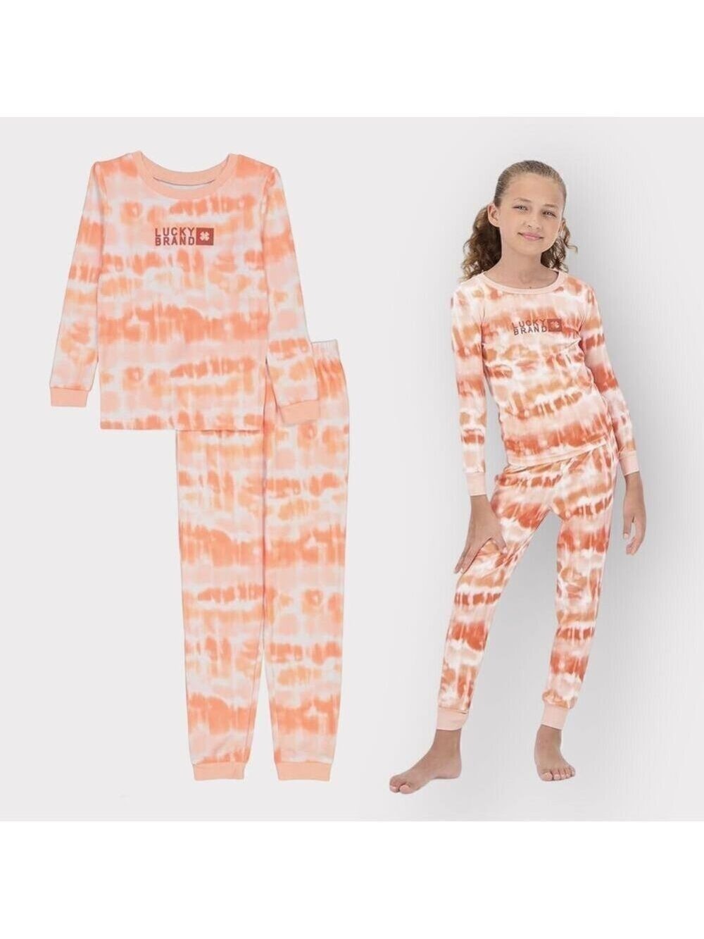 Lucky Brand NEW Long Sleeve Pajama Set Girls sz 8 NWT Coral Orange White Tie-Dye